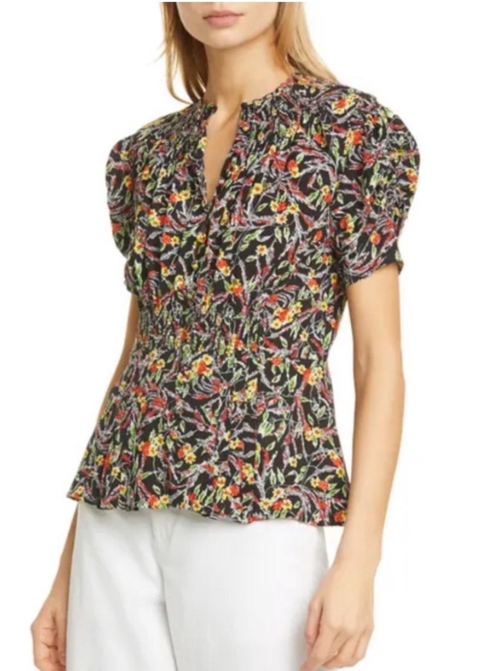 Polo Ralph Lauren Black Floral Puff Sleeve Smocked Waist Top